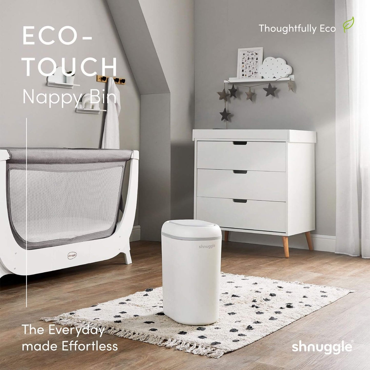 Shnuggle Eco-Touch Nappy Bin Diaper Pail - White in a nursery setting