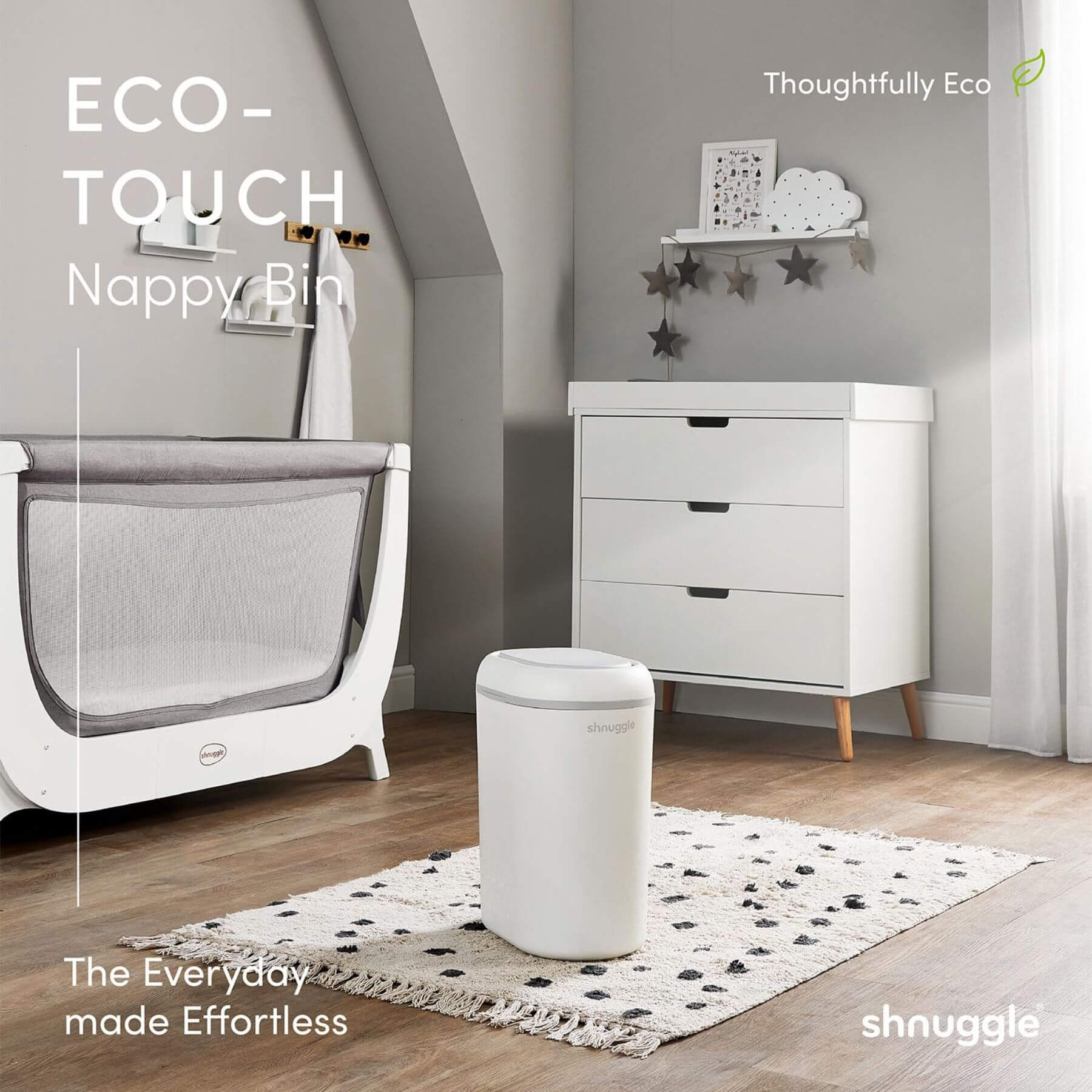 Shnuggle Eco-Touch Nappy Bin Diaper Pail - White in a nursery setting