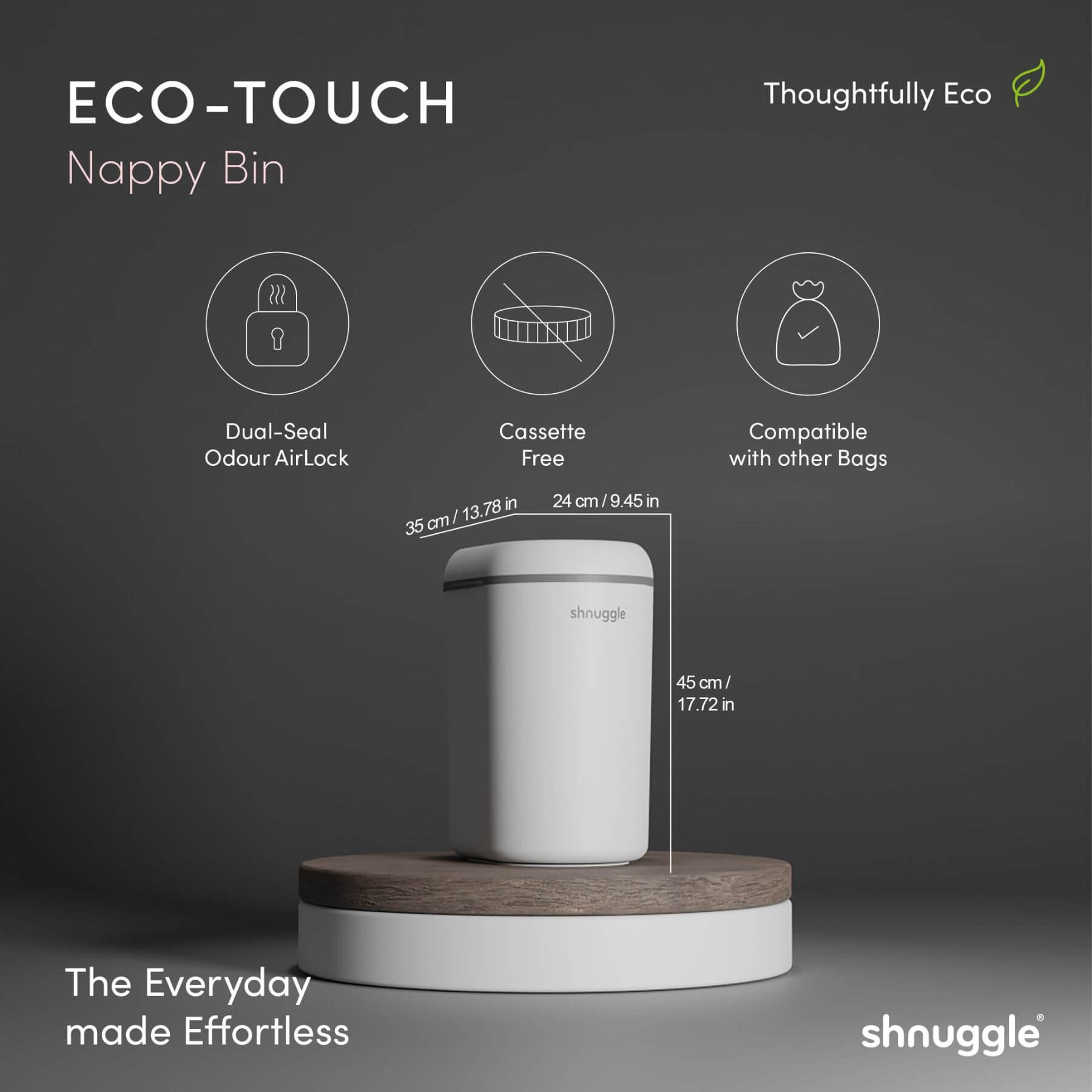 Shnuggle Eco-Touch Nappy Bin Diaper Pail - White with a wooden base, displayed on a dark gray background with product feature icons and dimensions.