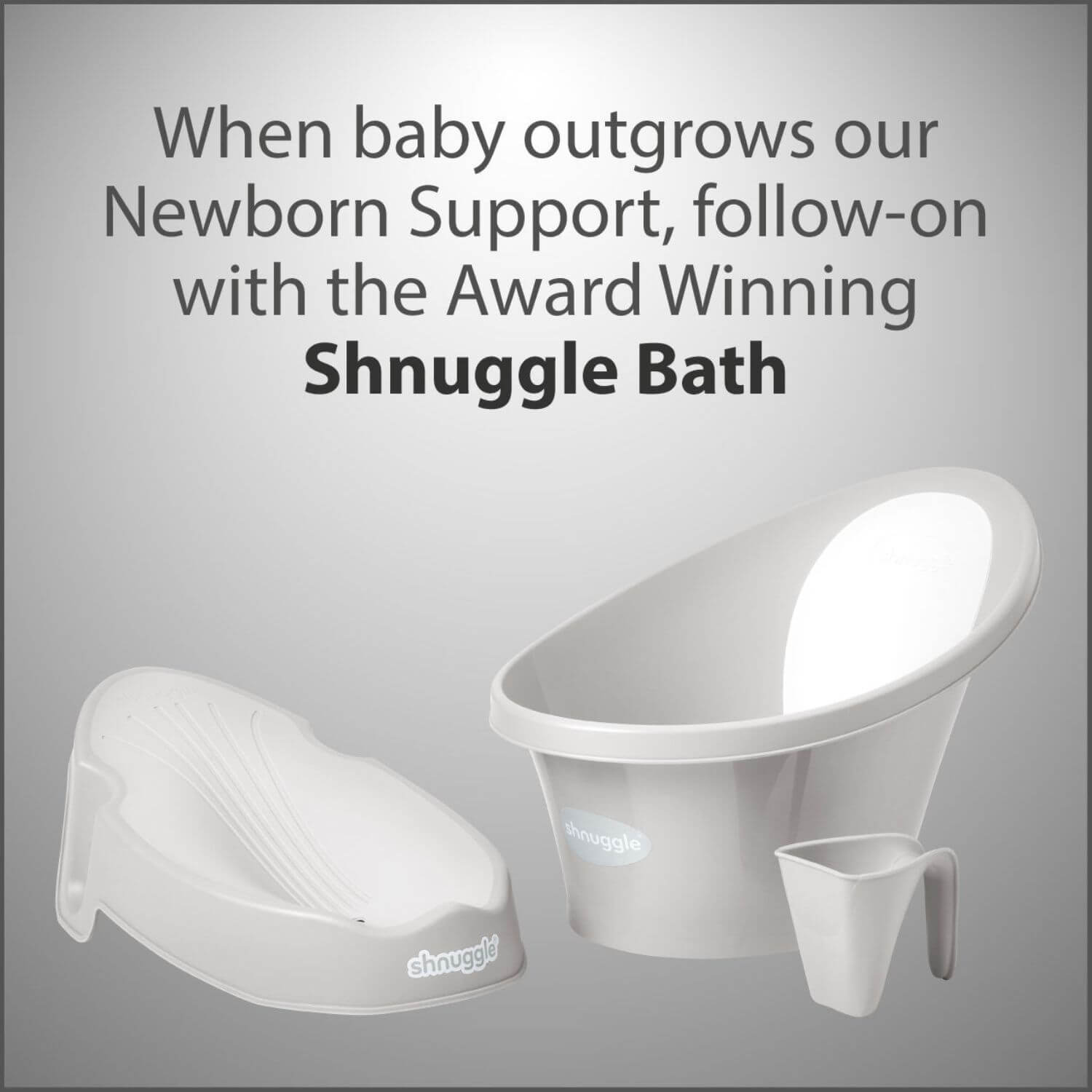 Shnuggle baby bath products with text on a gray background