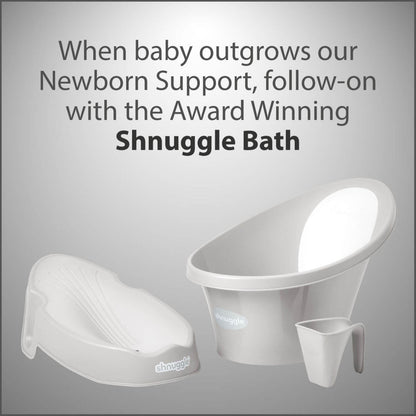Shnuggle baby bath products with text on a gray background