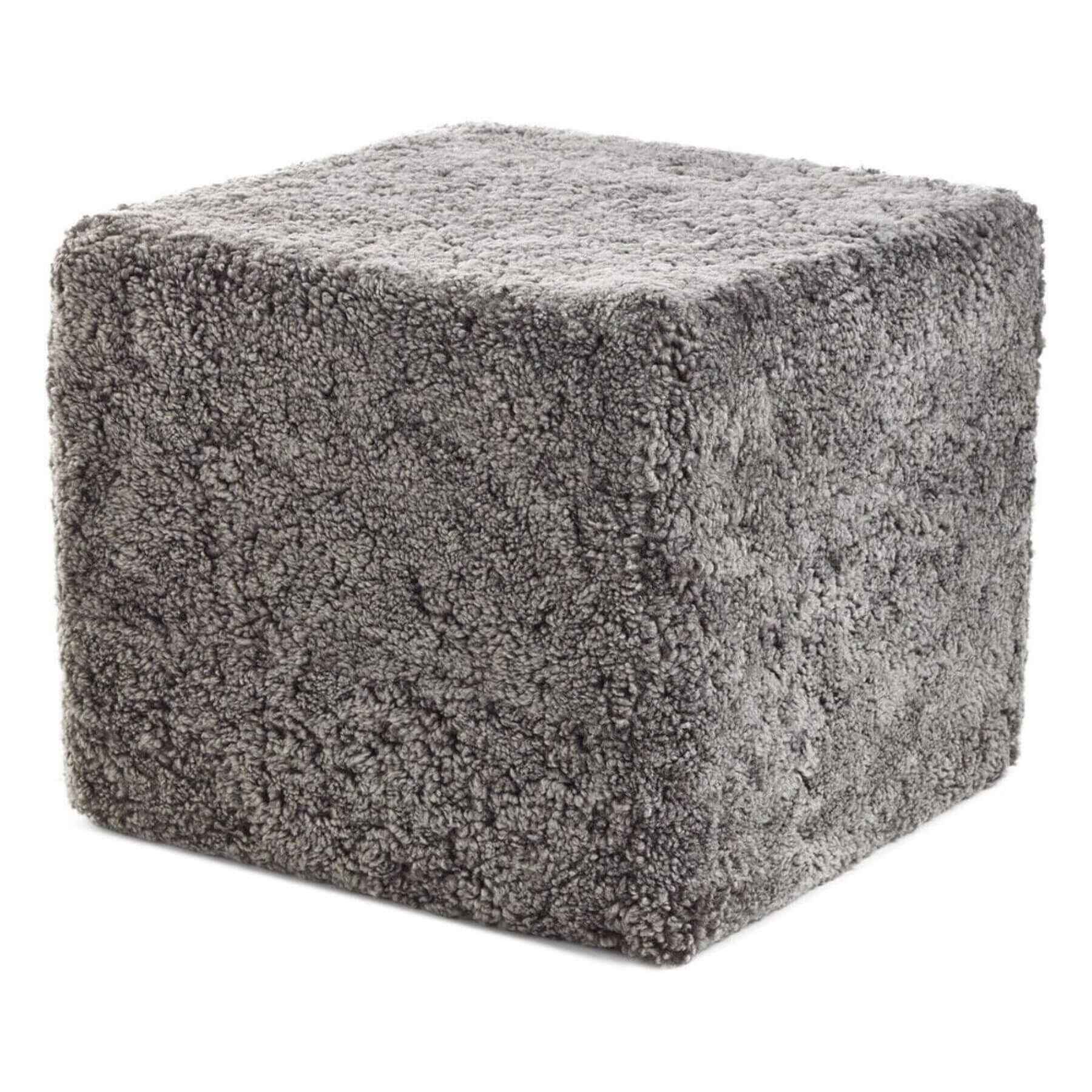 Natures Collection Short Wool Curly Sheepskin Square Pouf Graphite