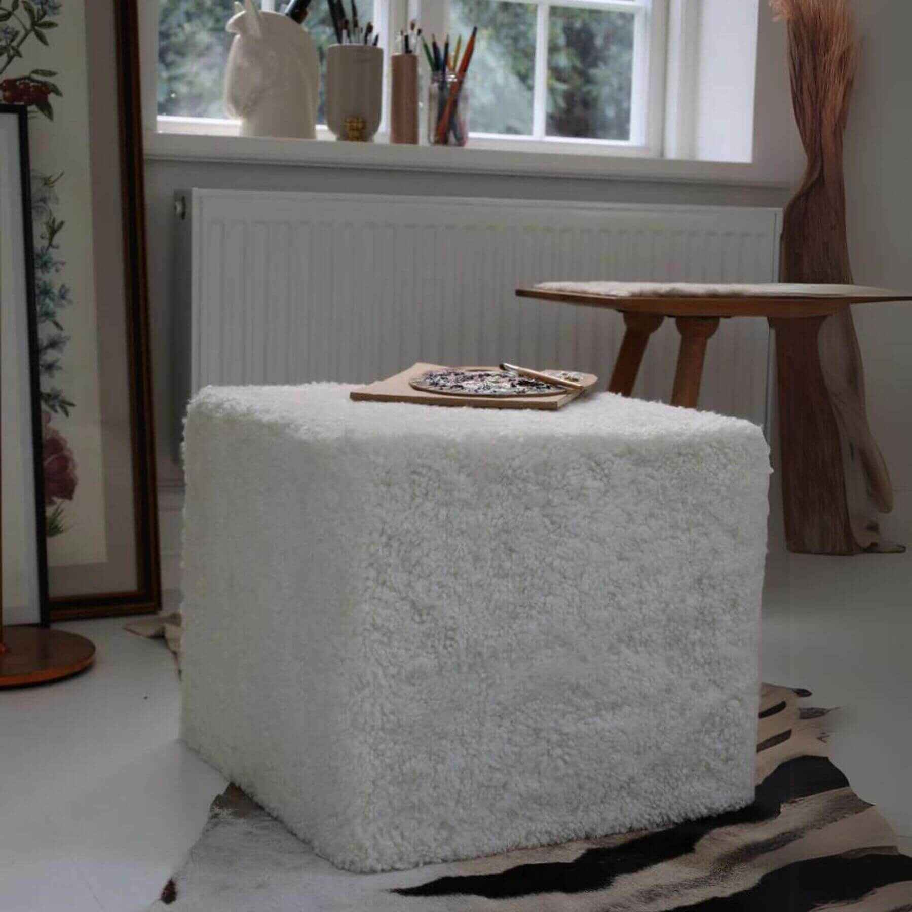 Natures Collection Short Wool Curly Sheepskin Square Pouf Ivory