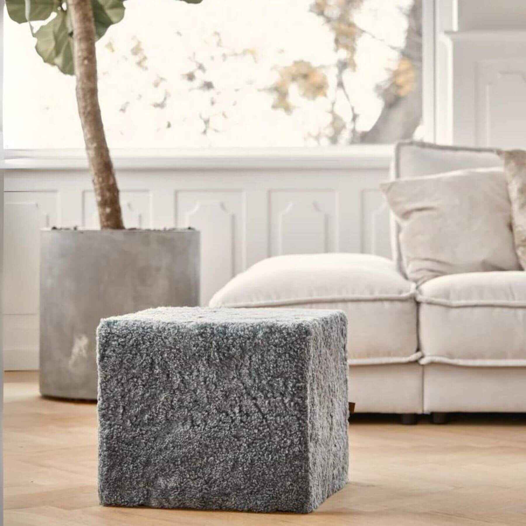 Natures Collection Short Wool Curly Sheepskin Square Pouf Light Grey