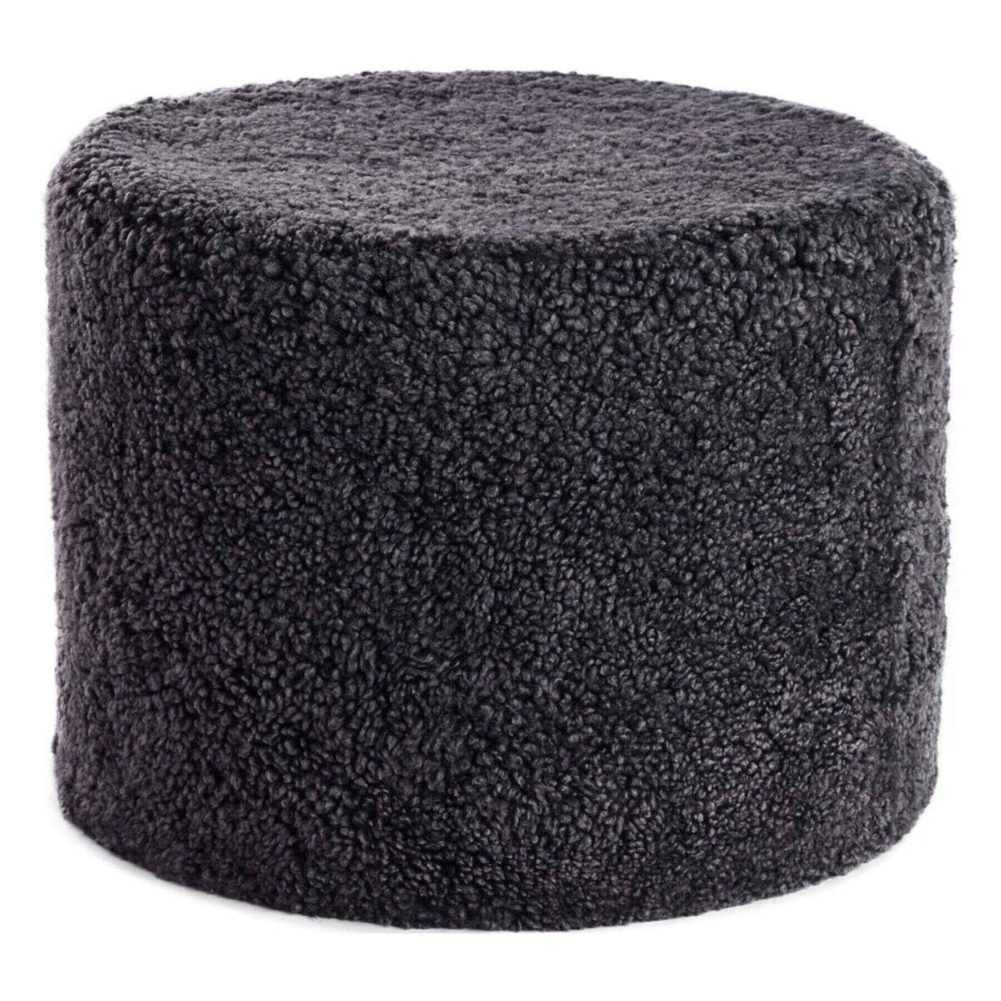 Natures Collection Short Wool Curly Sheepskin Round Pouf Anthracite