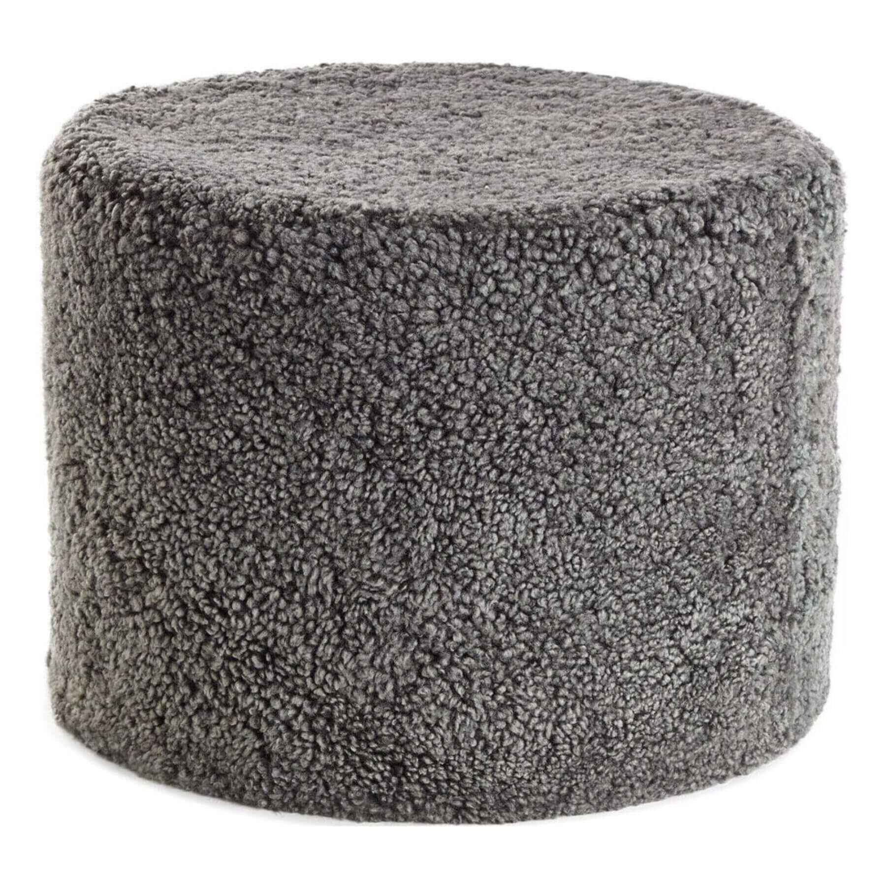 Natures Collection Short Wool Curly Sheepskin Round Pouf Graphite