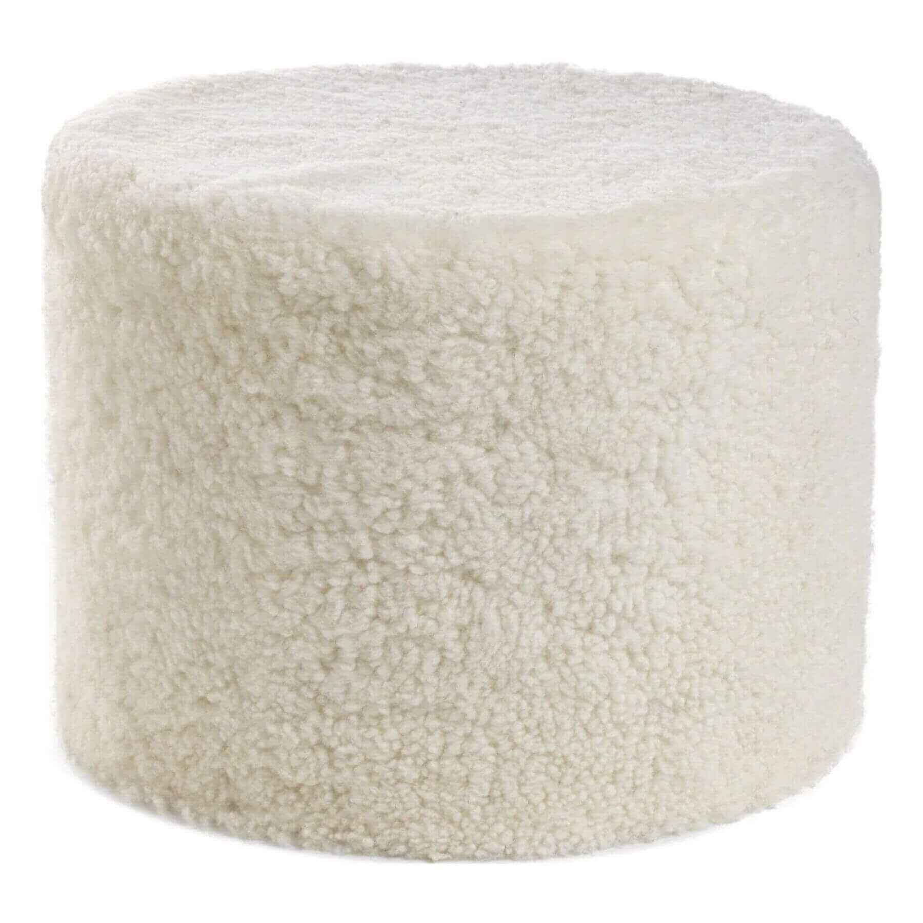 Natures Collection Short Wool Curly Sheepskin Round Pouf Ivory