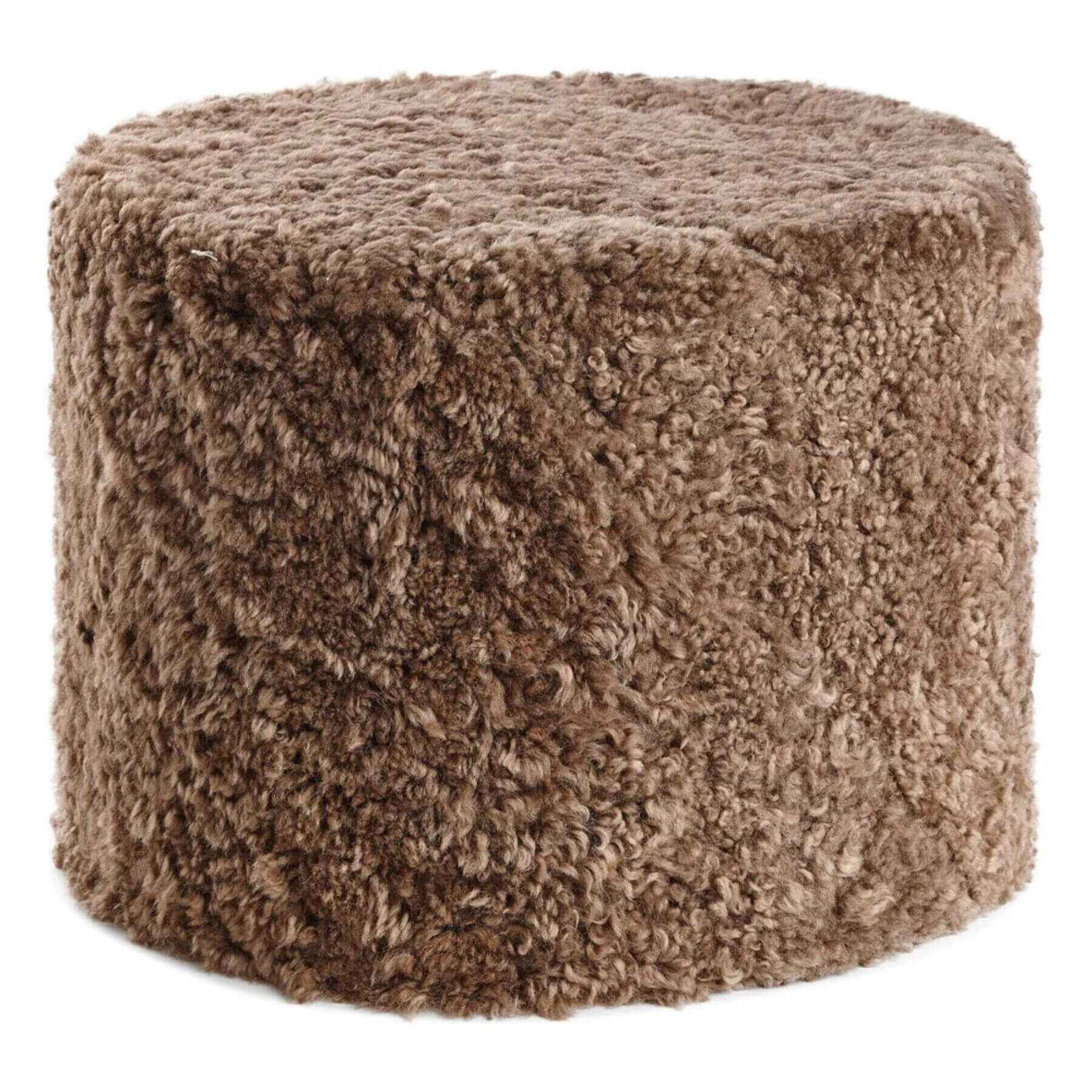 Natures Collection Short Wool Curly Sheepskin Round Pouf Taupe