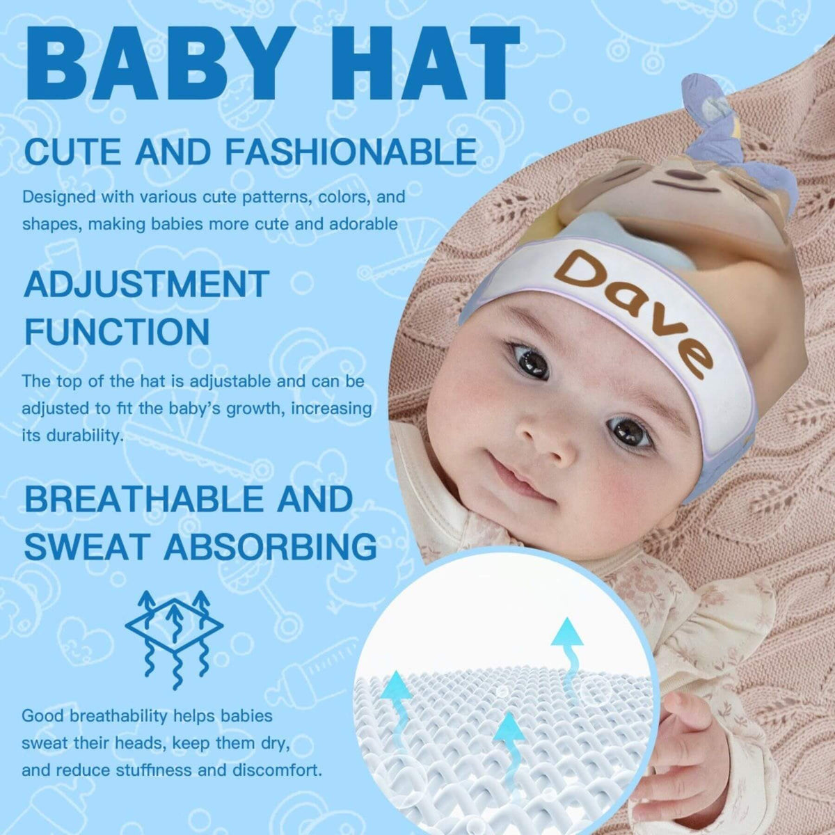 A baby wearing a light blue and white adjustable baby hat with the name 'Dave' printed on it, set against a light blue promotional background with text highlighting features.