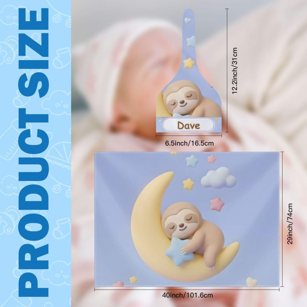 Product size diagram for Personalized Sleeping Sloth Baby Swaddle & Hat Set