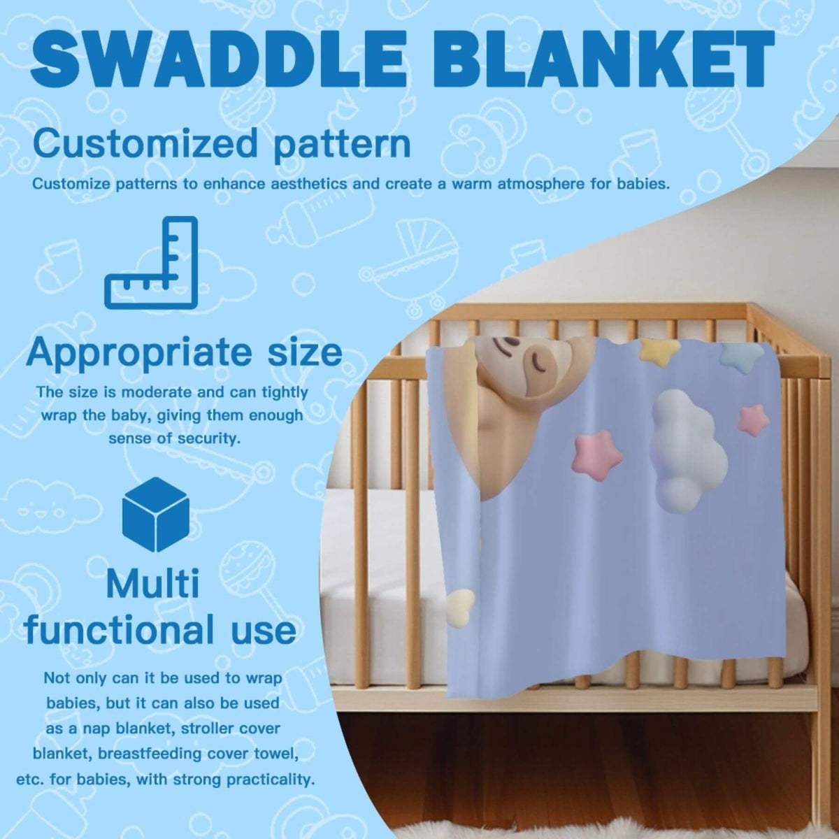 A promotional graphic for Personalized Sleeping Sloth Baby Swaddle. The left side features a light blue background with white baby-themed line drawings and text highlighting features like customizable patterns, appropriate size, and multi-functional use.