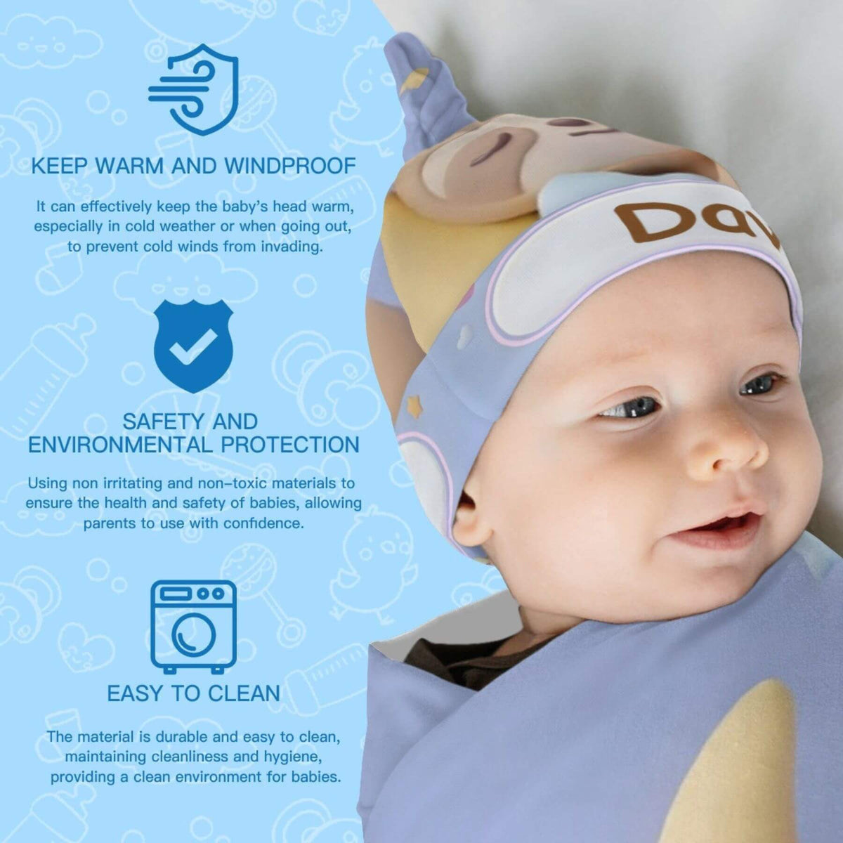A baby wearing a light blue and beige animal-themed beanie hat, shown alongside marketing text on a light blue background.