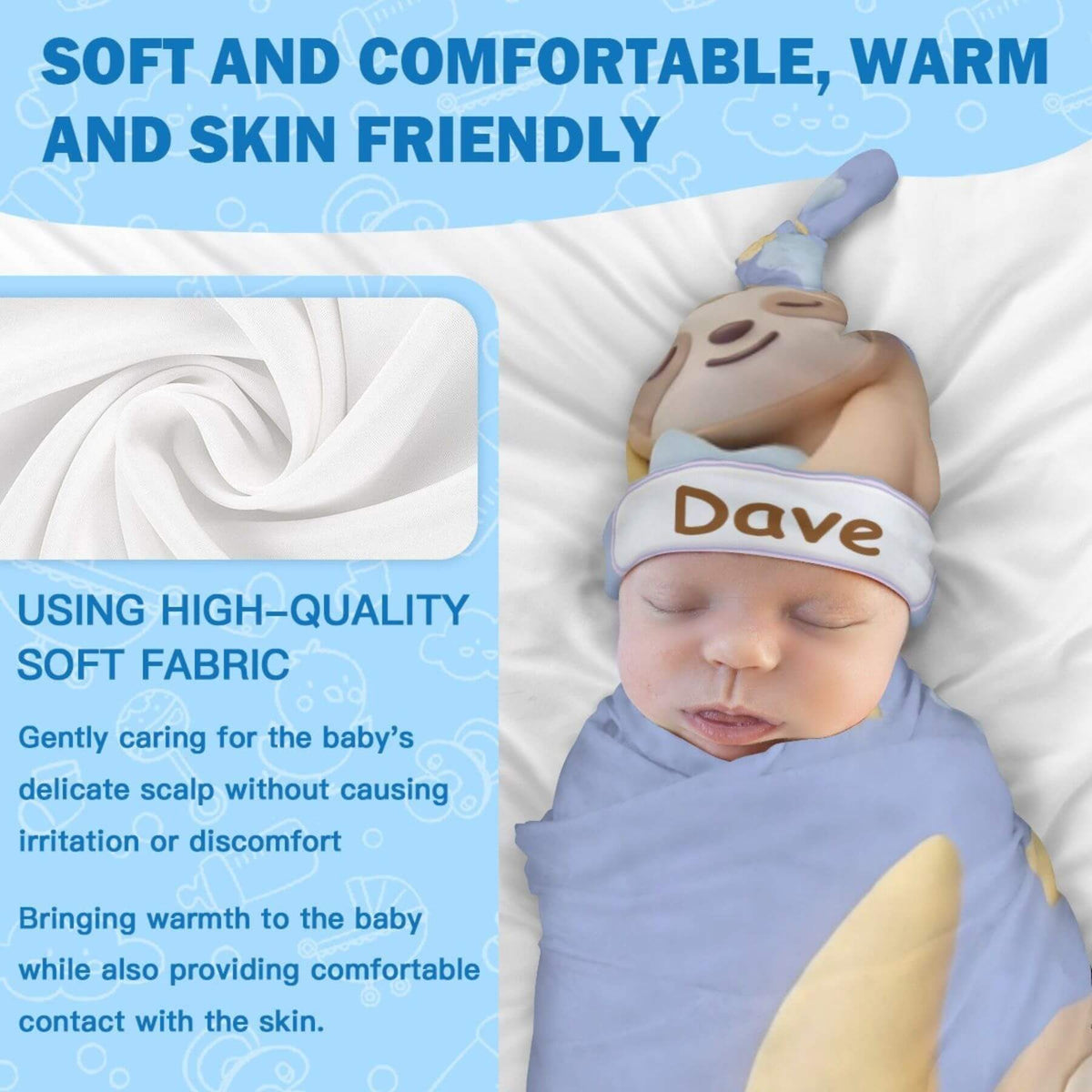 A baby wearing a soft light blue swaddle blanket and a matching soft hat with the name 'Dave' printed on the headband, lying on a white blanket. The image includes marketing text highlighting comfort, warmth, and skin-friendly fabric, plus a fabric swatch inset.