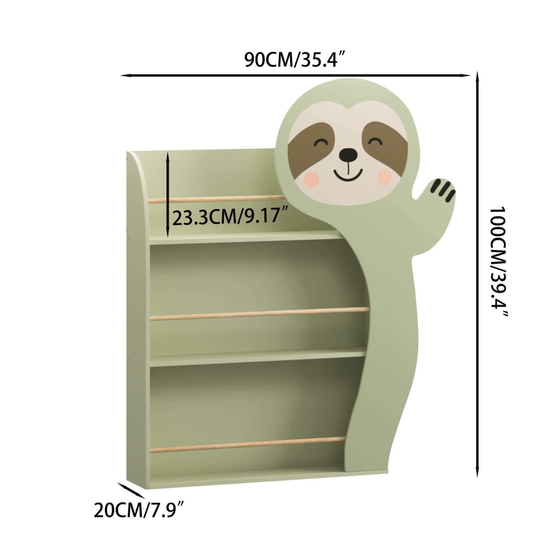 MOONRIVER Sloth Kids 3-Tier Front-Facing Bookshelf - Sage Green with dimensions indicated