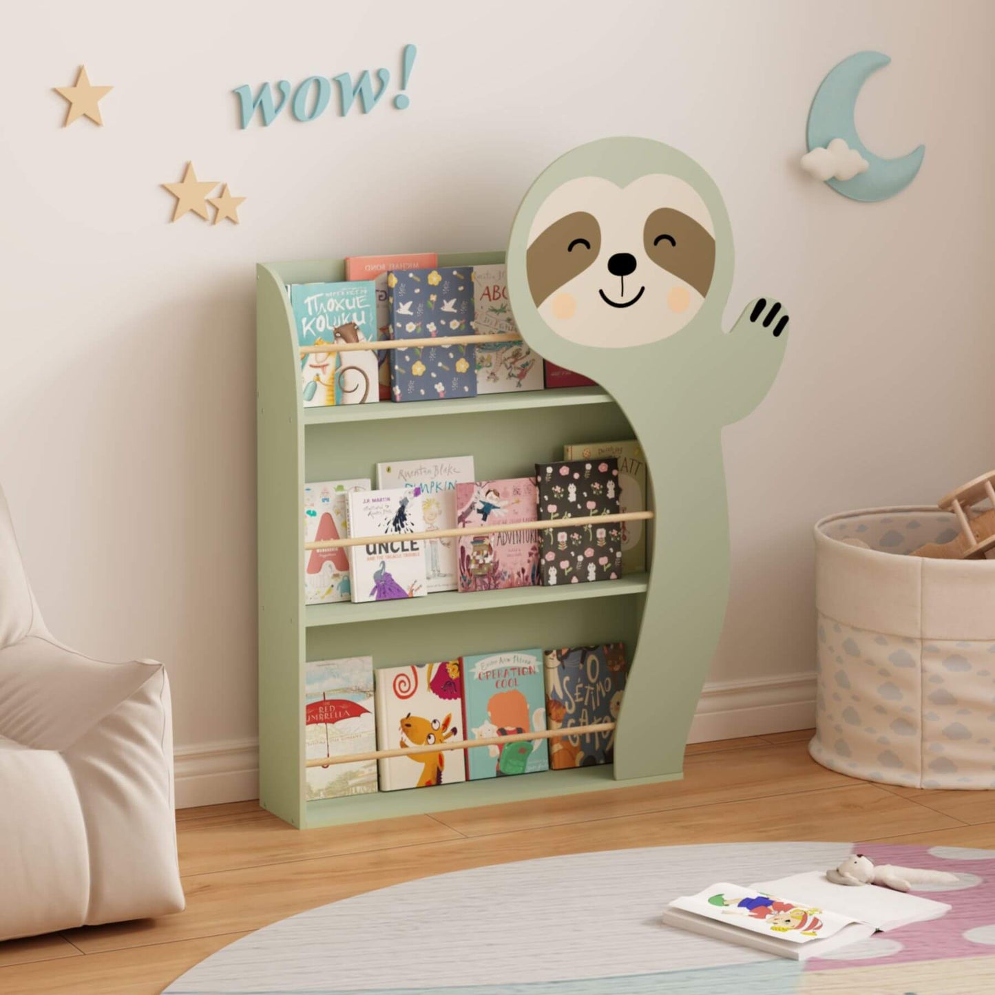 MOONRIVER Sloth Kids 3-Tier Front-Facing Bookshelf - Sage Green in a room with books and toys.