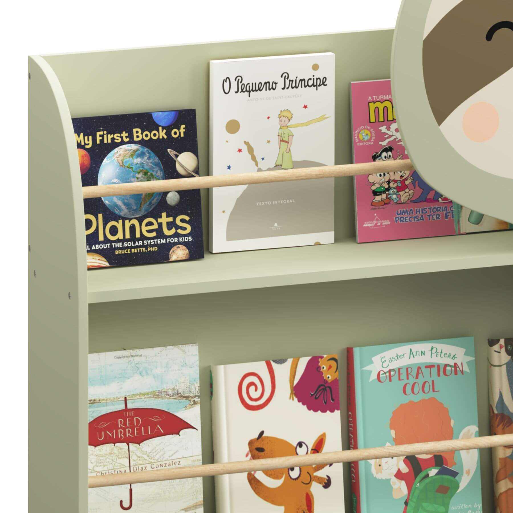 Children's books on MOONRIVER Sloth Kids 3-Tier Front-Facing Bookshelf - Sage Green with a focus on educational titles.