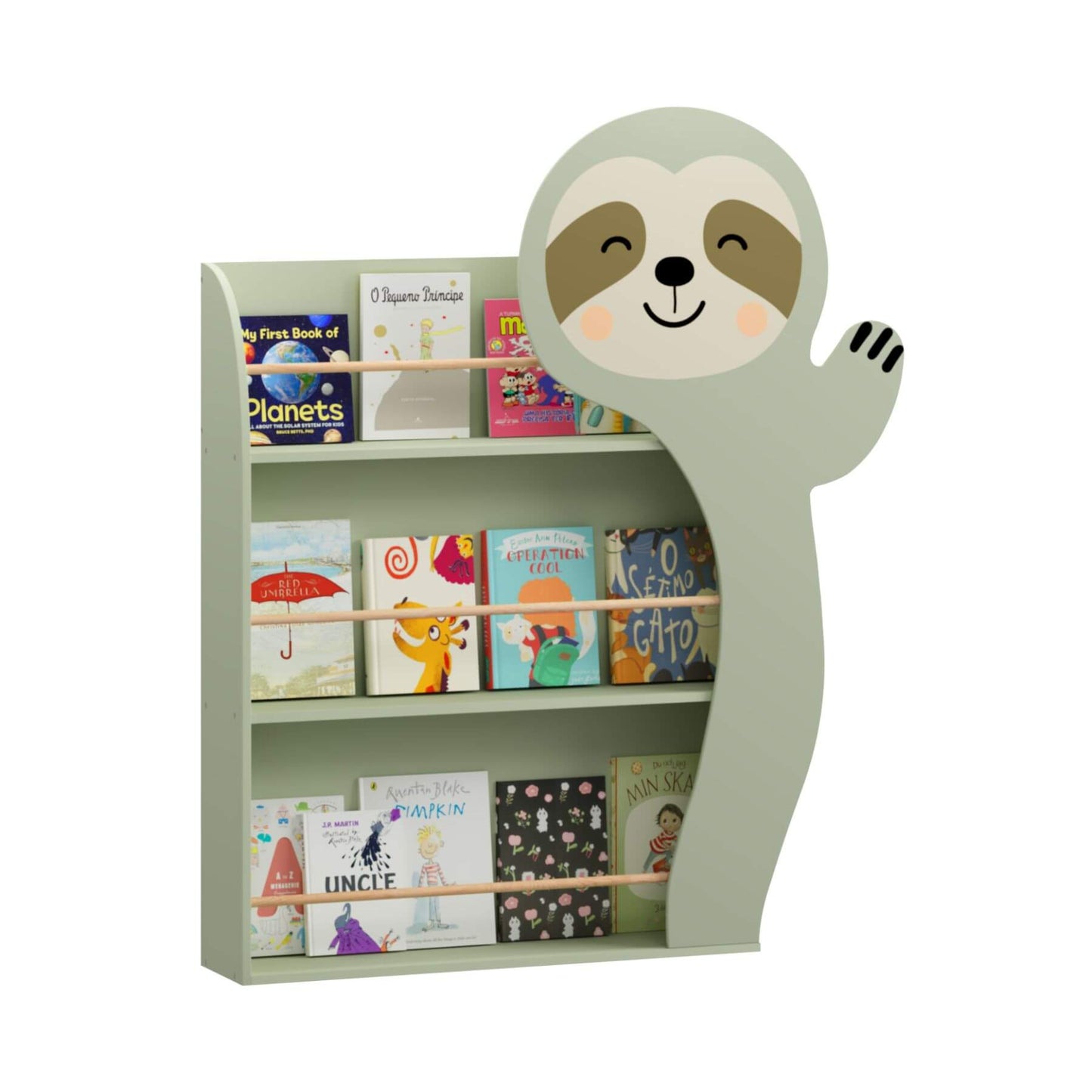 MOONRIVER Sloth Kids 3-Tier Front-Facing Bookshelf - Sage Green with books on a white background