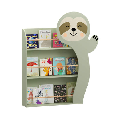 MOONRIVER Sloth Kids 3-Tier Front-Facing Bookshelf - Sage Green with books on a white background