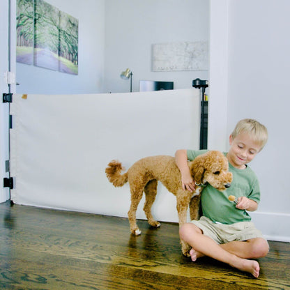 A young boy in a green t-shirt and khaki shorts sits on a dark wood floor, hugging a fluffy light brown poodle. Behind them is a large white fabric backdrop stand set up in a home interior with light gray walls and framed wall art.