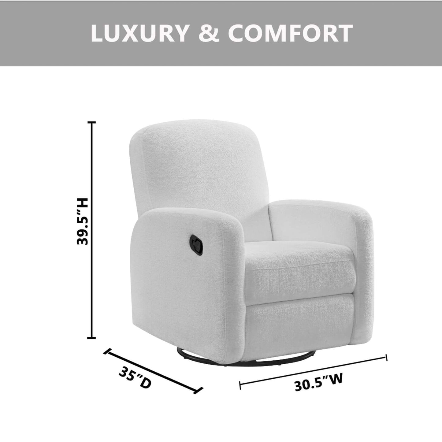 Oxford Baby Snuggly Glider - Plush White with dimensions on a white background