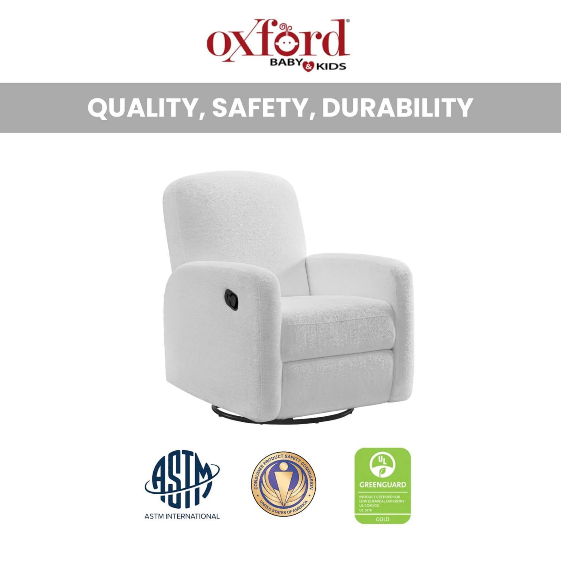 Oxford Baby Snuggly Glider - Plush White with Oxford Baby & Kids branding and certification logos on a white background