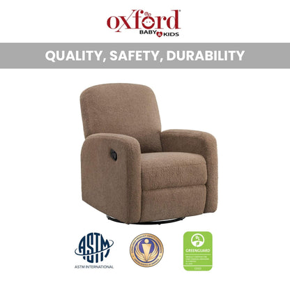 Oxford Baby Snuggly Glider - Teddy Brown with Oxford Baby & Kids branding and certification logos on a white background.
