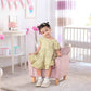 Girl Sitting on Qaba Soft Kids Sofa Chair with Cute Pink Crown Throne