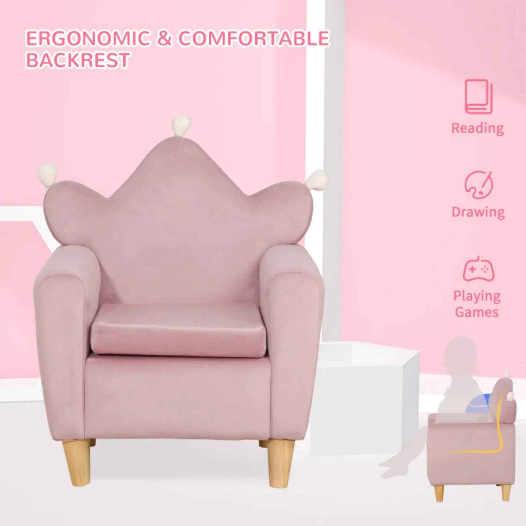 Qaba Soft Kids Sofa Chair with Cute Pink Crown Throne