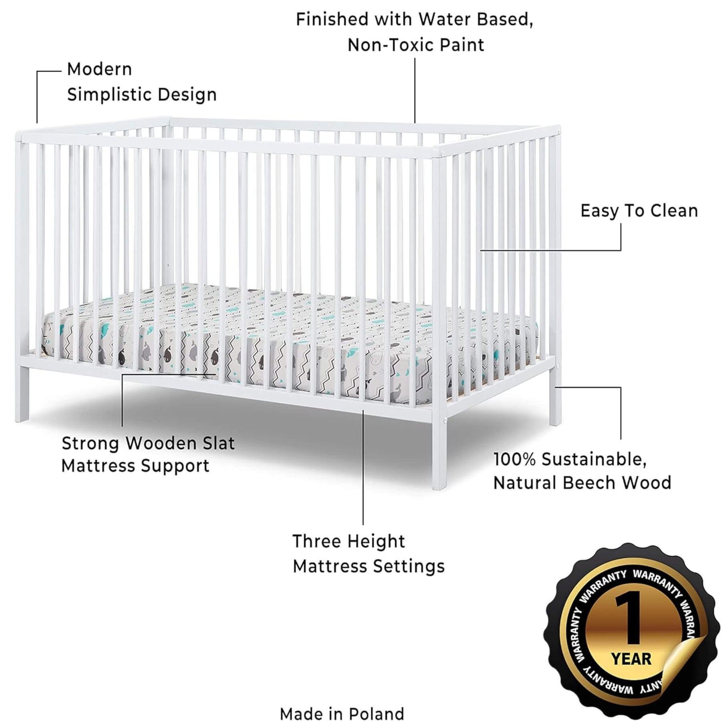 Sorelle Happy 3-in-1 Convertible Crib White - Features