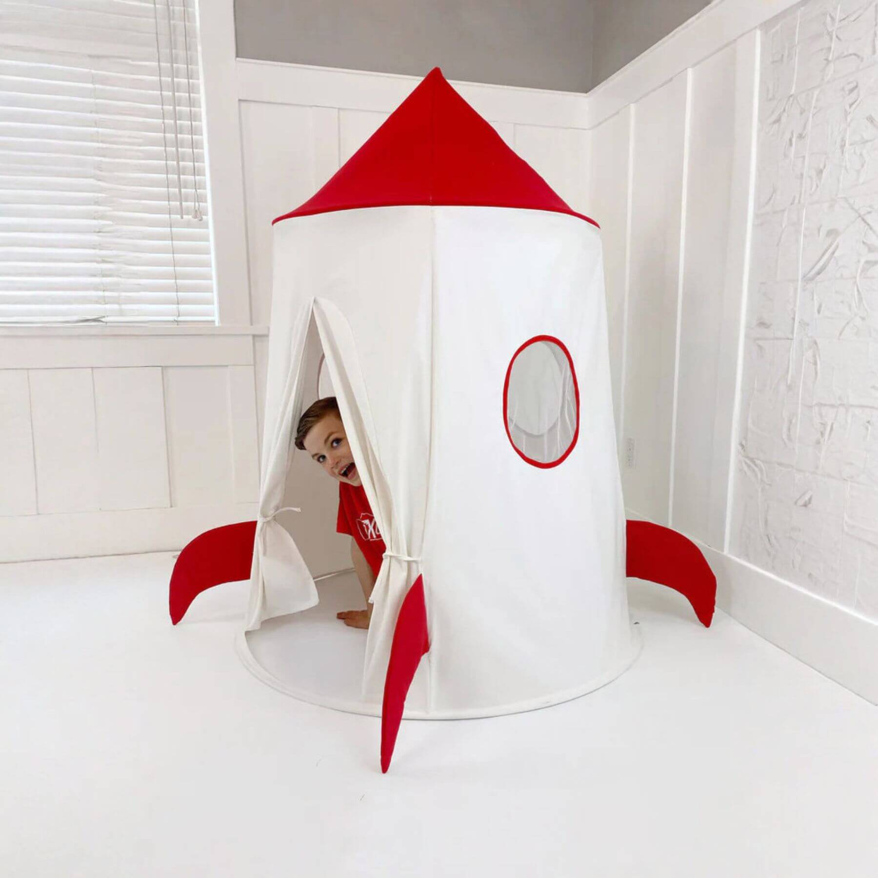 Kid Hiding in Domestic Objects Spaceship Play Tent Red