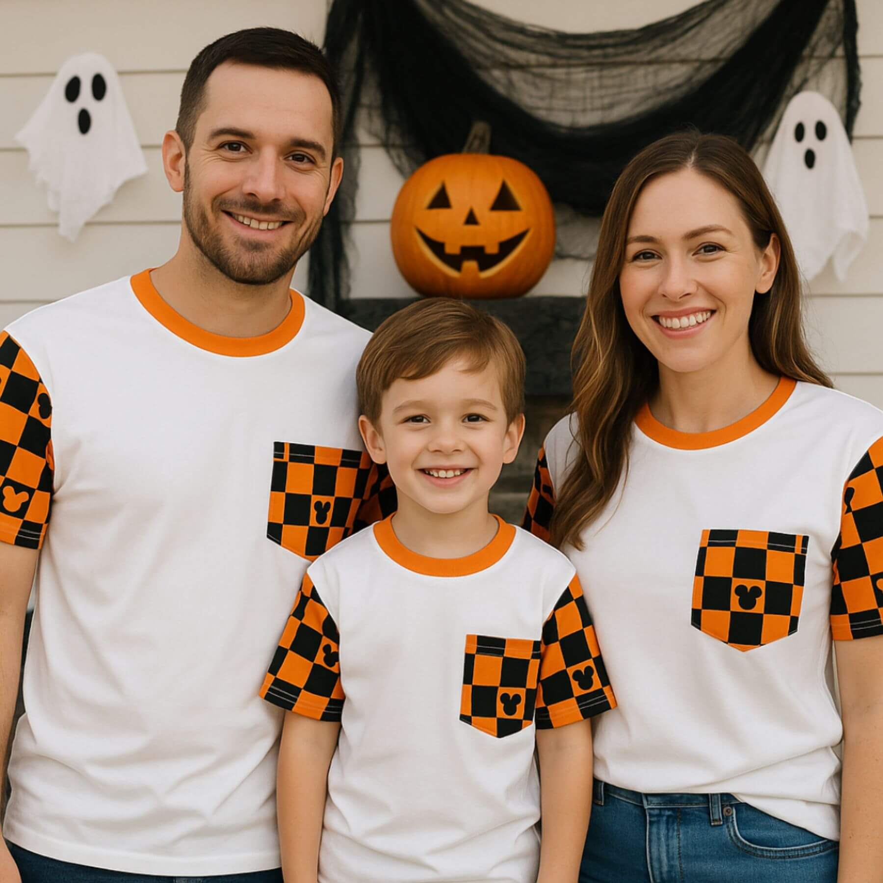 Family of three wearing Sweet P Baby Co. Spooky Checkered Magic Adult Pocket Tee in front of a decorated house.