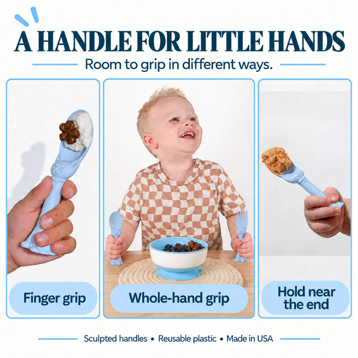 A promotional graphic for Spoon la la Toddler Utensils — 2-Pack - Blue. The image features three panels: a close-up of a hand holding the spoon in a 'Finger grip' position, a baby smiling while holding both utensils in a 'Whole-hand grip' position, and a close-up of the fork with the handle near the end in a 'Hold near the end' position.