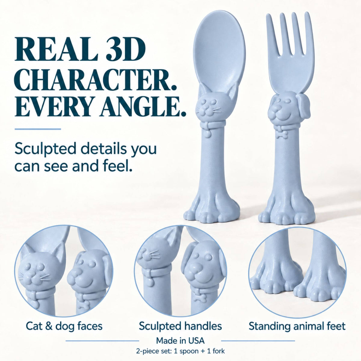 Spoon la la Toddler Utensils — 2-Pack, shown on a clean white background with marketing text and circular detail insets.