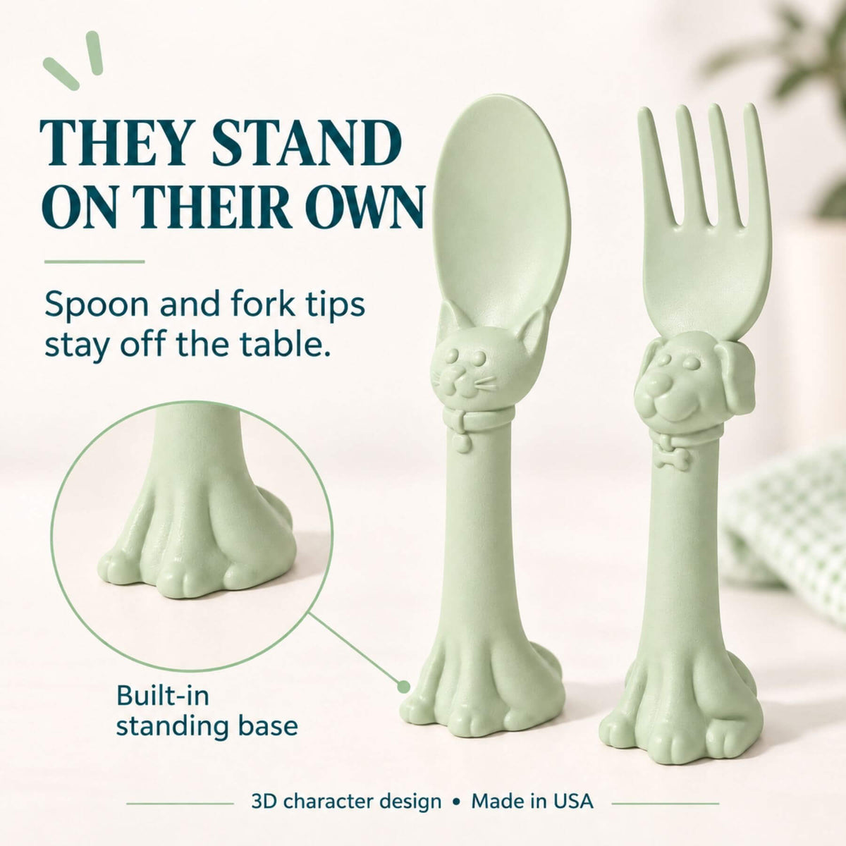 Spoon la la Toddler Utensils — 2-Pack - Green, shown on a light neutral background with marketing text. The spoon has a cat paw design, and the fork has a dog paw design.