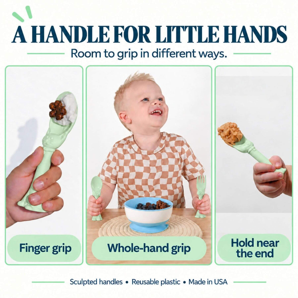 A promotional graphic for Spoon la la Toddler Utensils — 2-Pack - Green. The image features three panels: a close-up of a hand using the 'Finger grip' version, a baby holding the 'Whole-hand grip' version, and another close-up of the 'Hold near the end' version.