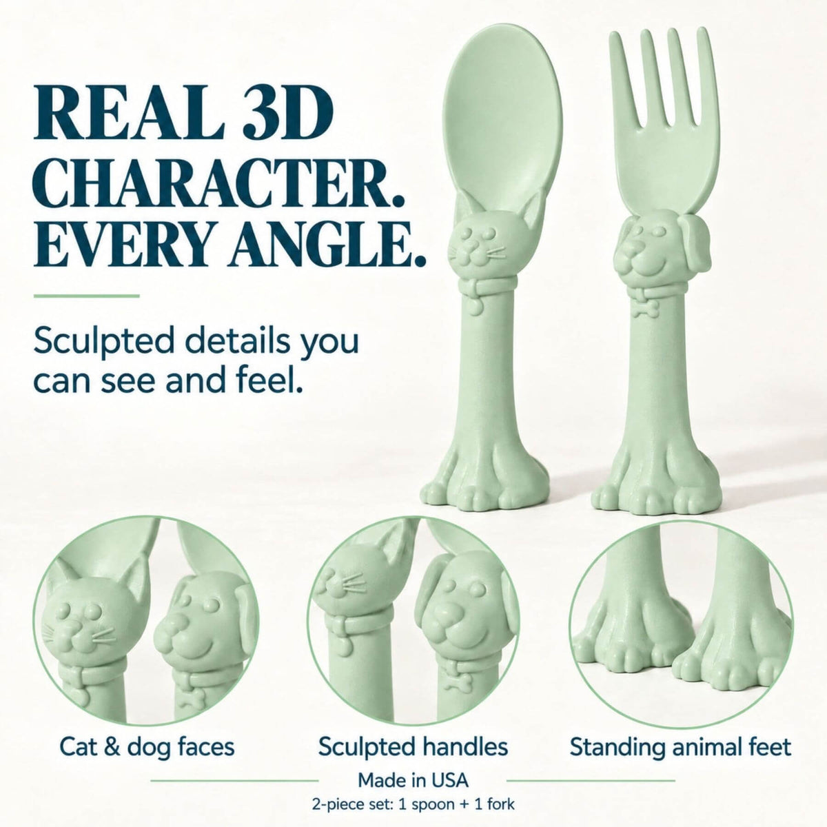 Spoon la la Toddler Utensils — 2-Pack - Green, shown on a white background with promotional text and circular detail insets.
