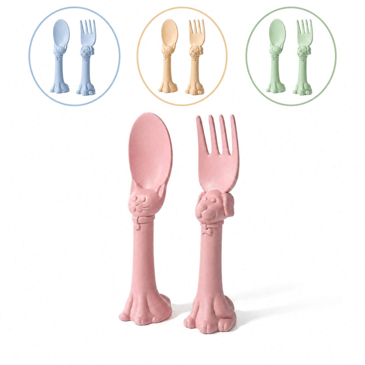Spoon la la Toddler Utensils — 2-Pack - Pink, displayed on a white background with three circular insets showing other available colors (blue, yellow, and green).