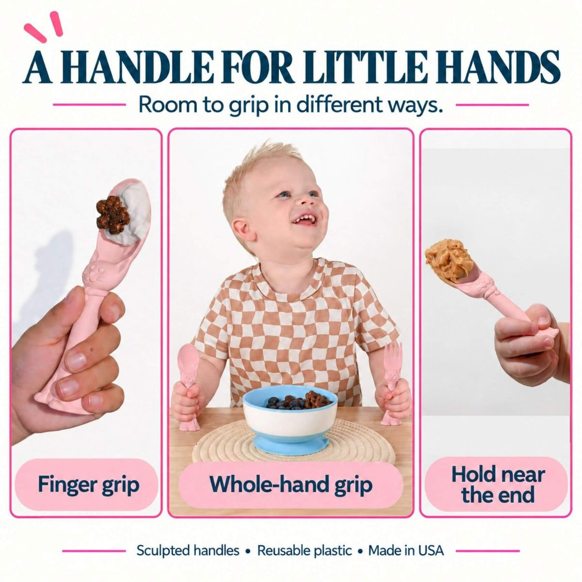 Promotional graphic for Spoon la la Toddler Utensils — 2-Pack - Pink, showing three usage scenarios: finger grip, whole-hand grip, and holding near the end. A smiling toddler is shown in the center holding the spoon handle over a bowl of cereal.