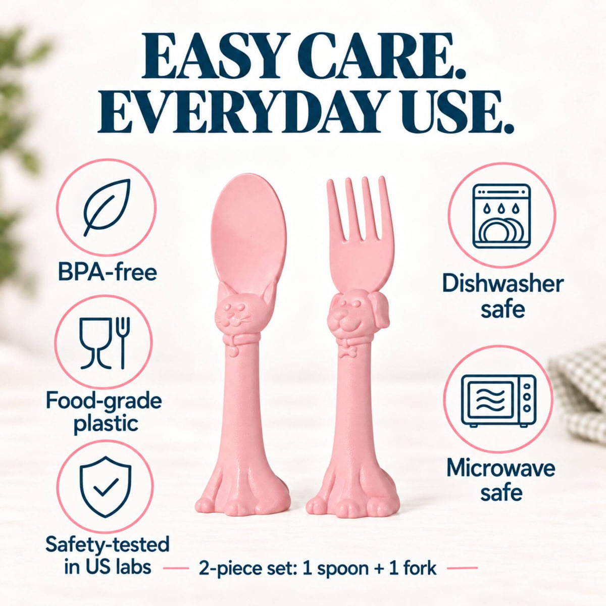 Spoon la la Toddler Utensils — 2-Pack - Pink on a light background with marketing text and icons for BPA-free, dishwasher safe, food-grade plastic, and microwave safe.