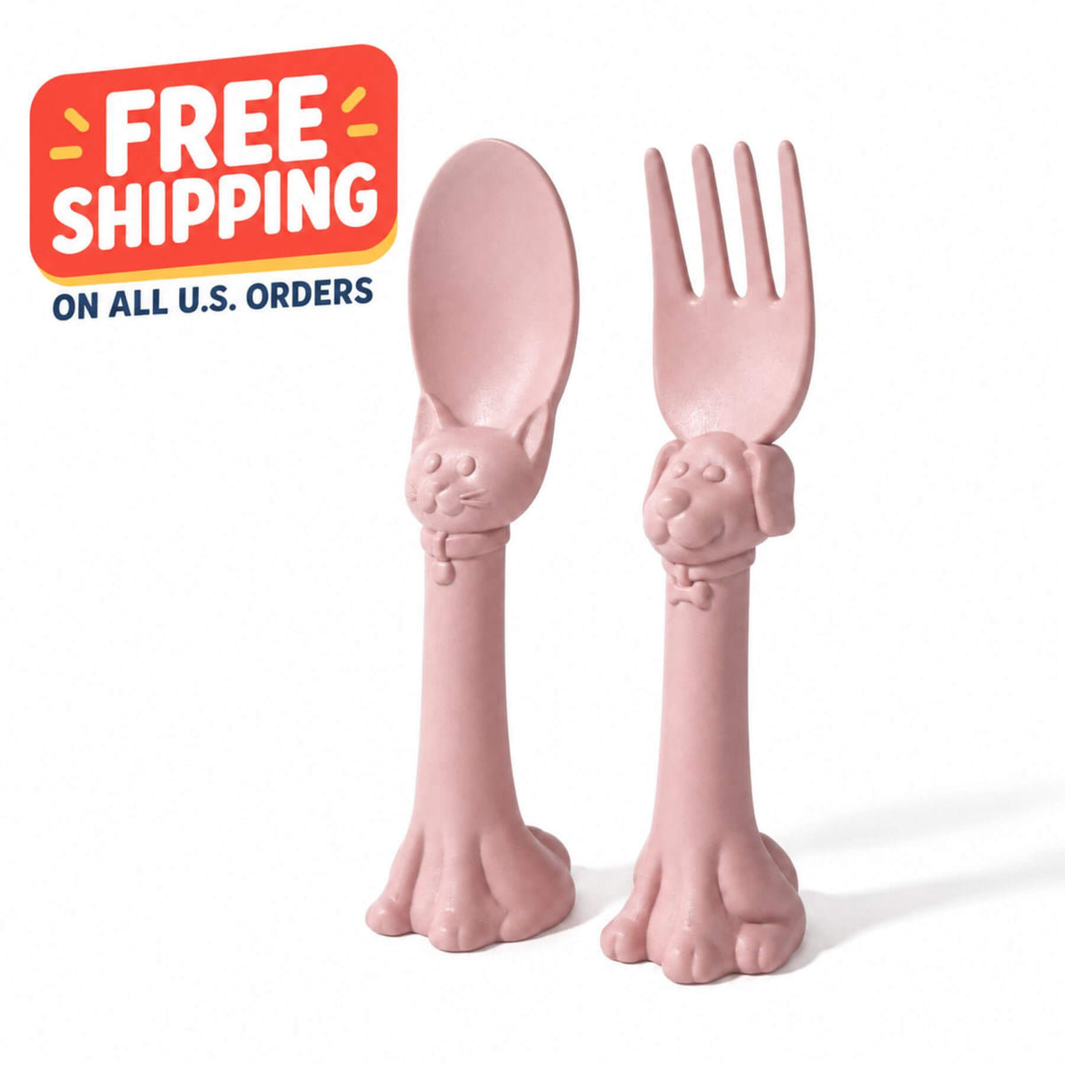 Spoon la la Toddler Utensils — 2-Pack - Pink, shown on a white background with a red 'FREE SHIPPING' promotional badge in the top left corner.