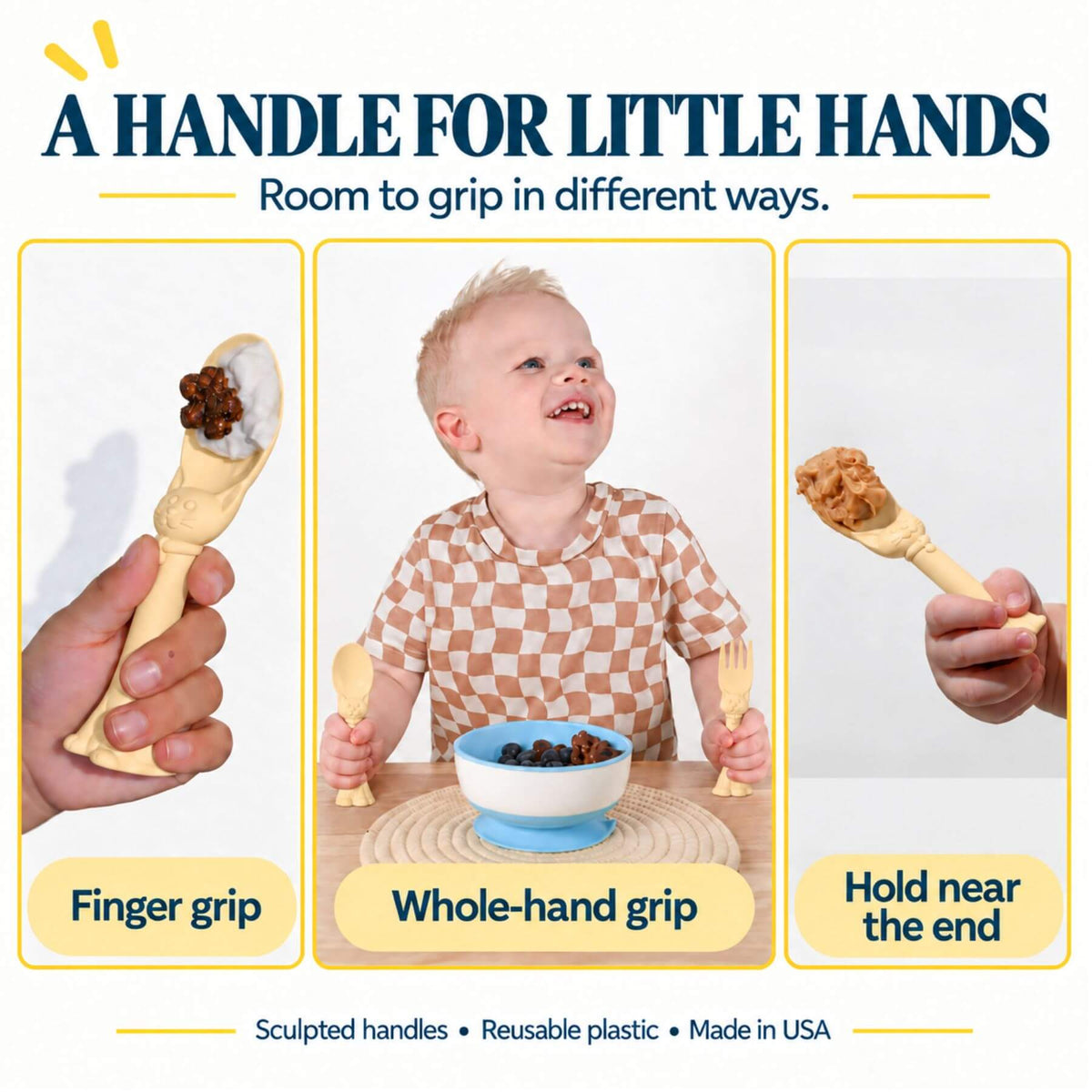 Promotional graphic for Spoon la la Toddler Utensils — 2-Pack - Yellow, showing three usage demonstrations: finger grip, whole-hand grip, and holding near the end. A young child is seated at a table in the center, with close-up views of the spoon on the left and right.