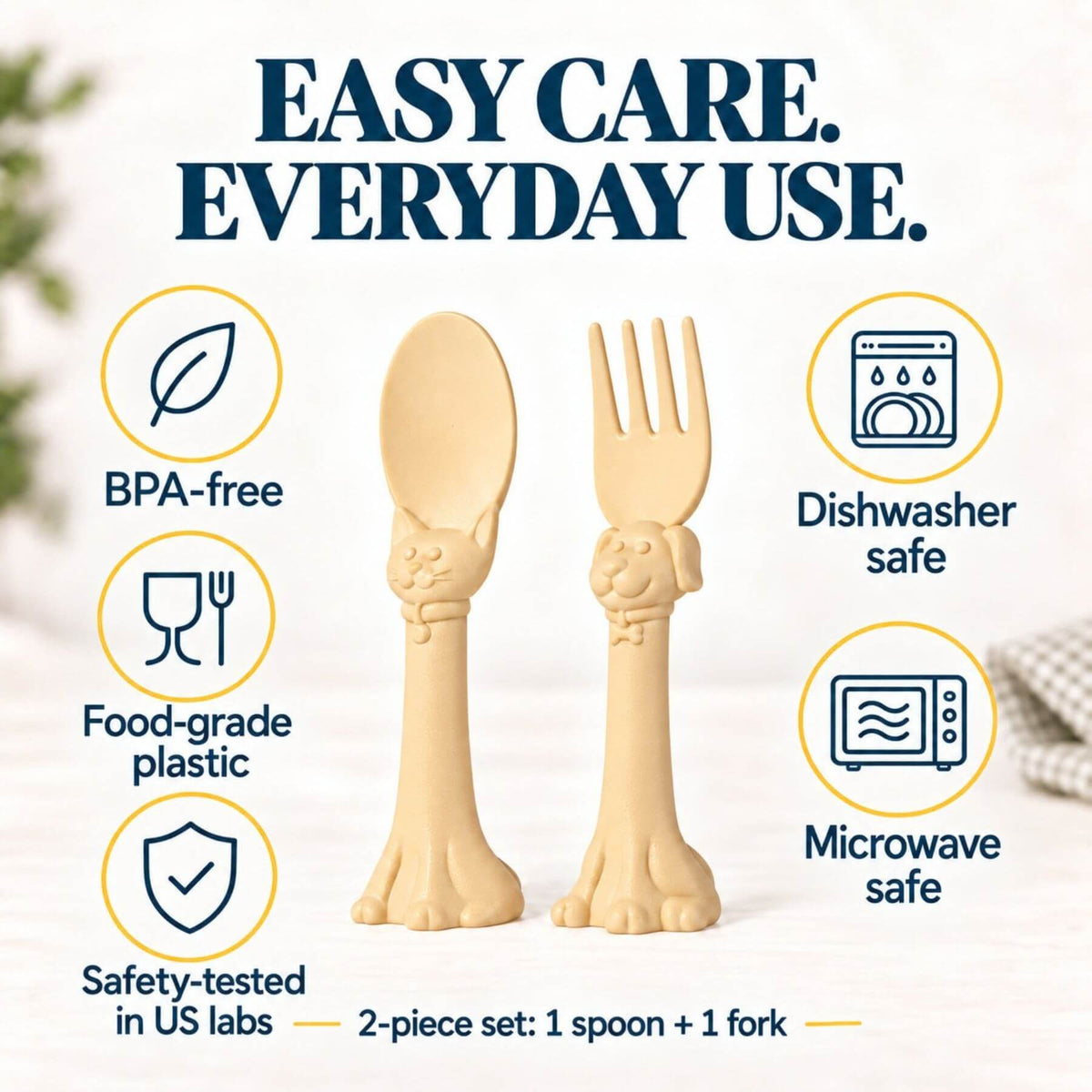 Spoon la la Toddler Utensils — 2-Pack - Yellow displayed on a light background with promotional text and icons highlighting BPA-free, dishwasher safe, food-grade plastic, and microwave safe features.
