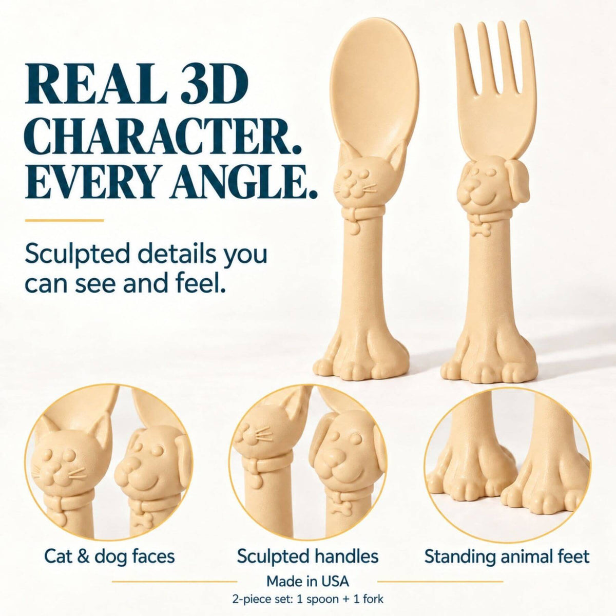 Spoon la la Toddler Utensils — 2-Pack - Yellow displayed on a white background with promotional text and three circular detail insets showing cat and dog faces, sculpted handles, and standing animal feet.