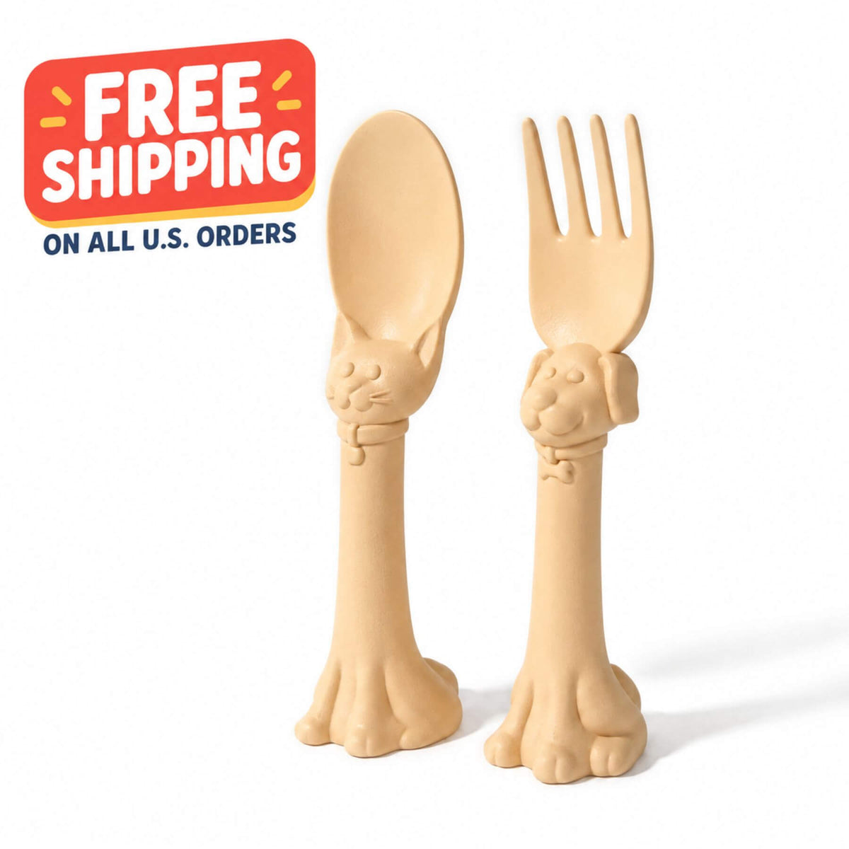Spoon la la Toddler Utensils — 2-Pack - Yellow, one with a cat head and one with a dog head, shown on a white background with a red 'FREE SHIPPING' promotional badge in the top-left corner.