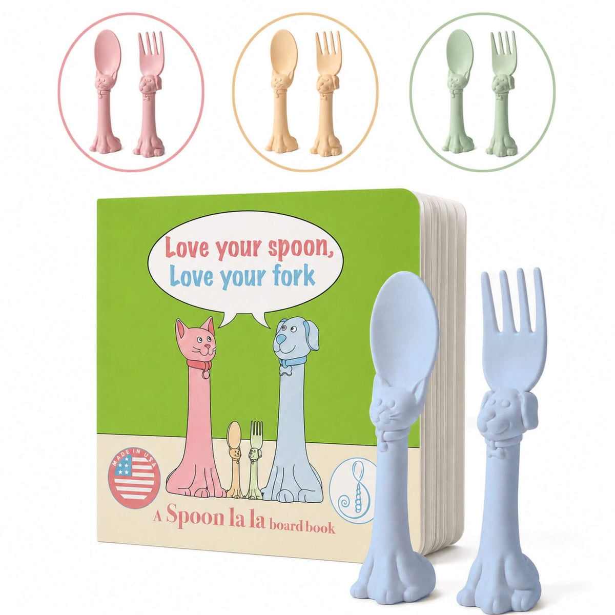 A children's board book titled 'Love your spoon, Love your fork' shown with three Spoon la la Utensils in front.