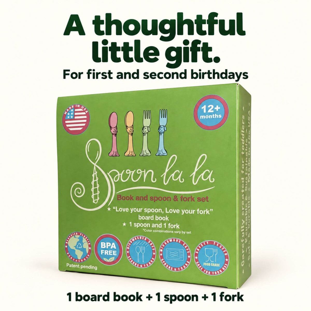 A green boxed baby spoon and fork gift set with text above and below reading 'A thoughtful little gift. For first and second birthdays' and '1 board book + 1 spoon + 1 fork.