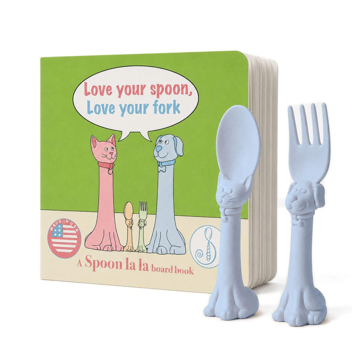 A Spoon la la board book children's utensil set on a white background