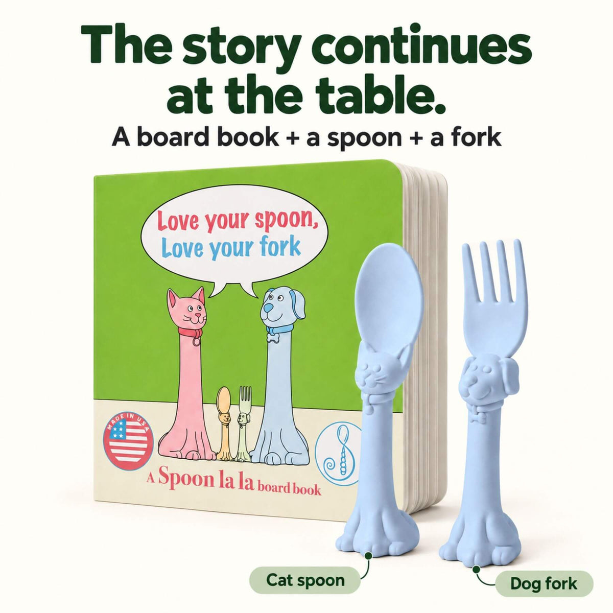 A children's board book and matching utensil set on a light cream background.