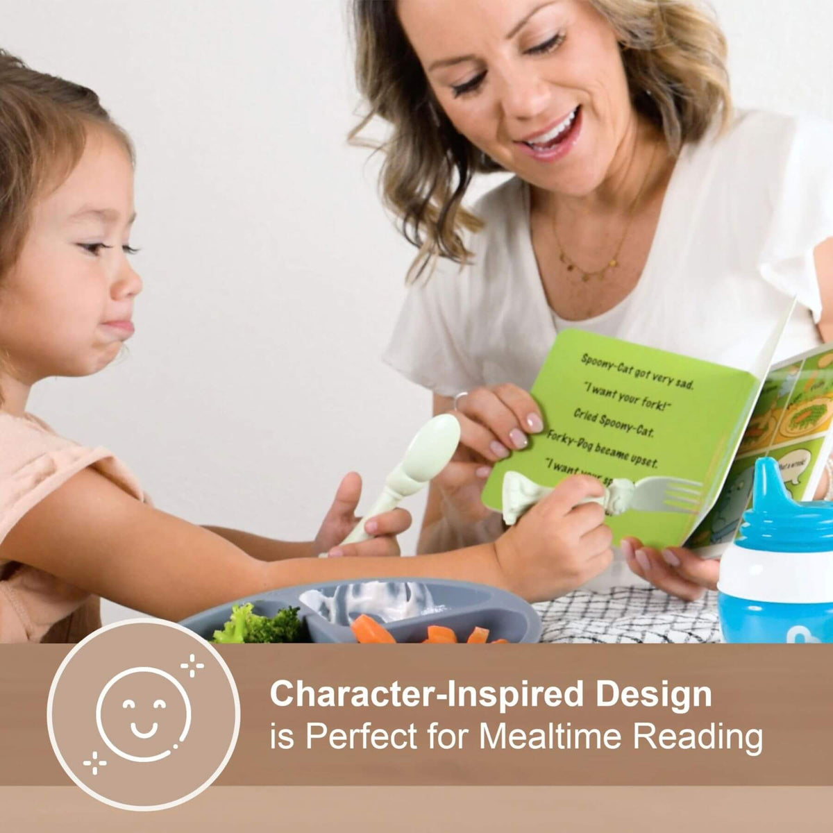 Woman and child with utensils and a book, promoting character-inspired design for mealtime reading.