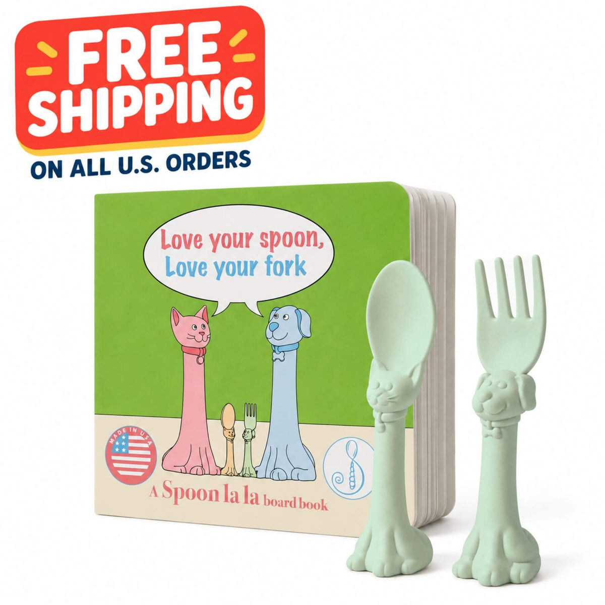 Spoon la la board book set featuring a green board book with cartoon cat and dog illustrations, alongside a pale green spoon and matching fork.